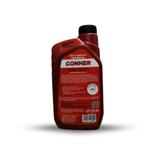 ACEITE GONHER 20W50 MULTIGRADO MINERAL GT-TURBO 946ML - Imagen 2