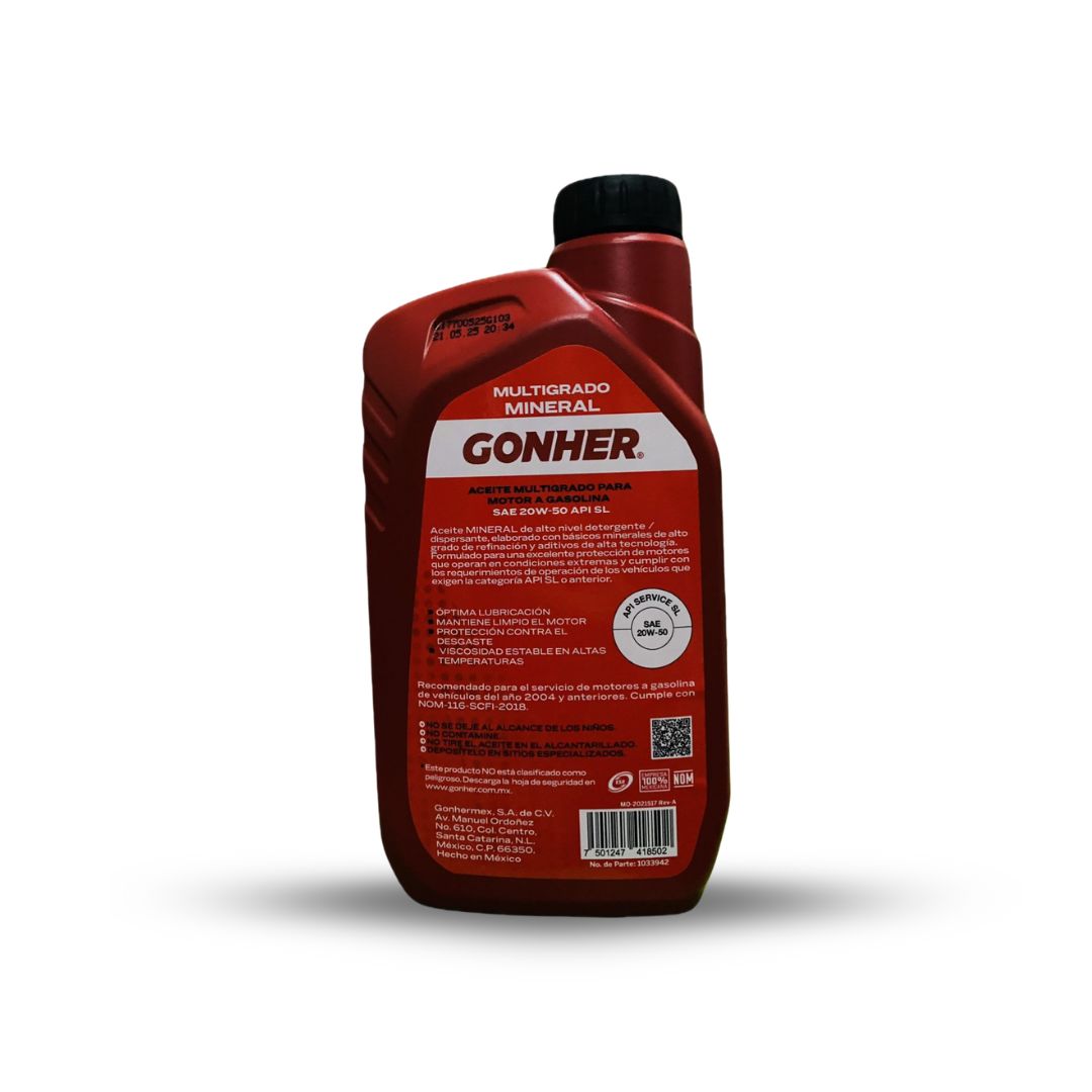 ACEITE GONHER 20W50 MULTIGRADO MINERAL GT-TURBO 946ML - Imagen 2
